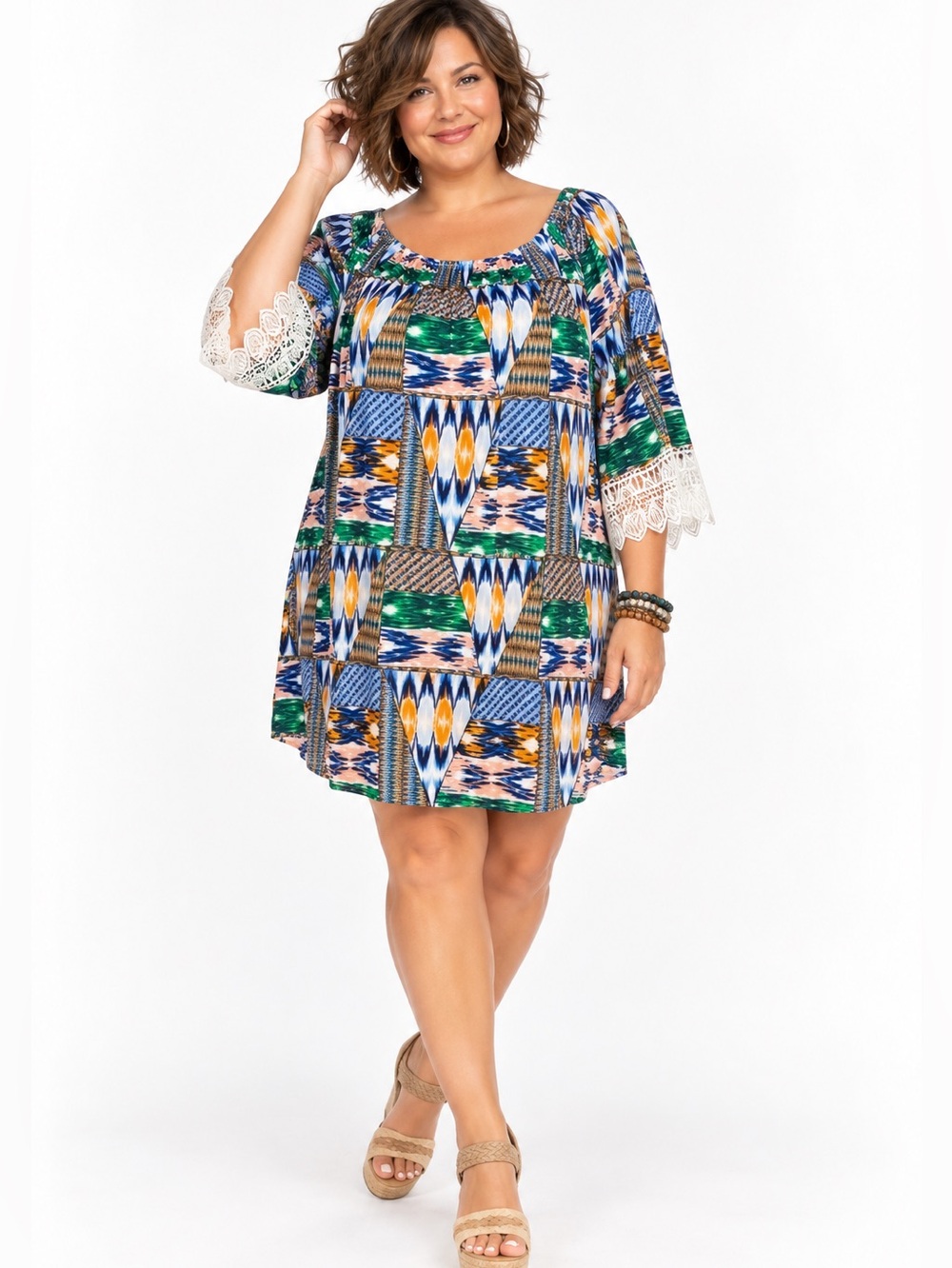 West Loop Abstract Print Lightweight Boatneck Tunic Top Dress‎ 3/4 Sleeve XL